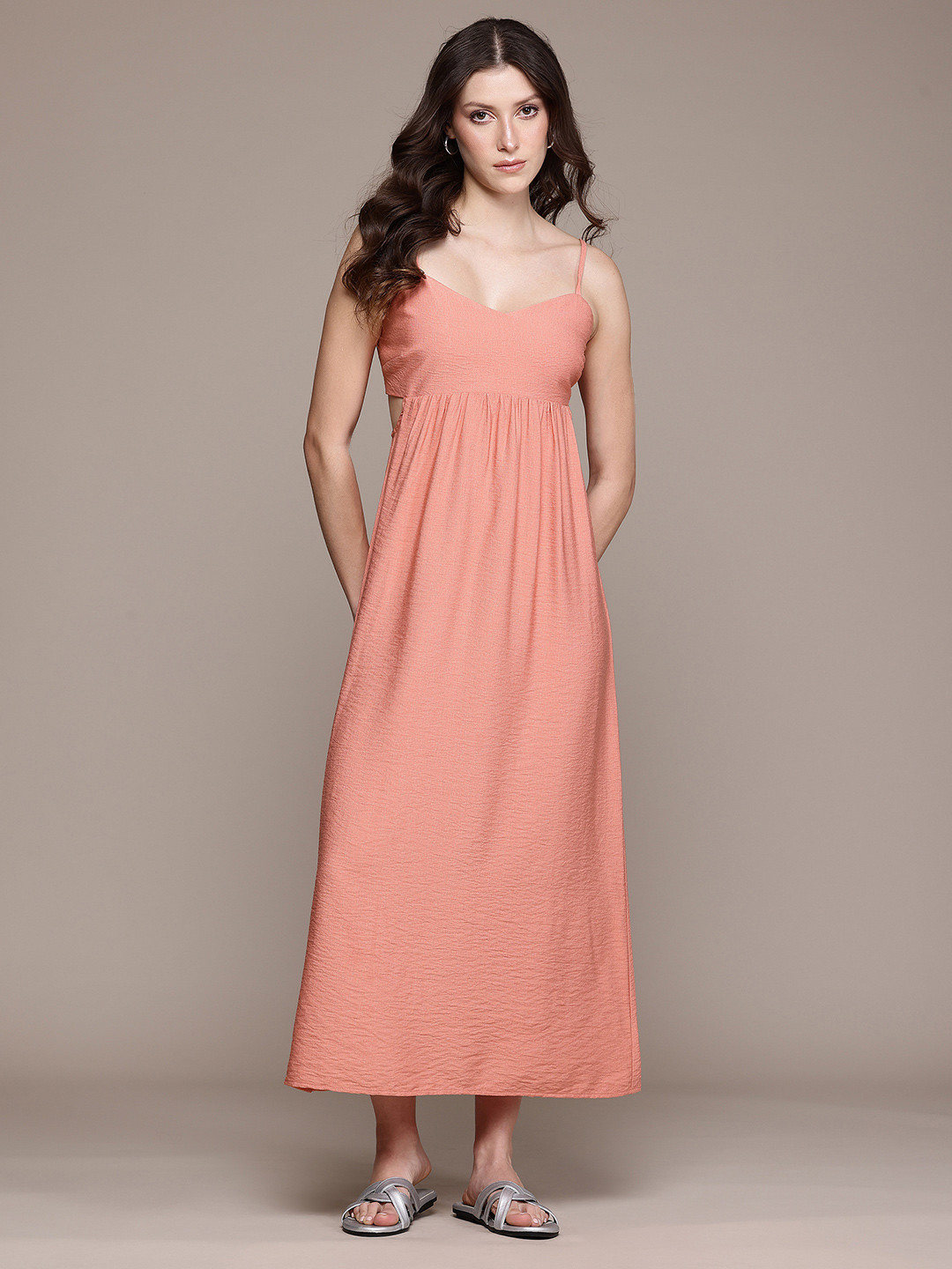 MANGO Smocked Shoulder Straps A-Line Midi Dress with Cut-Out