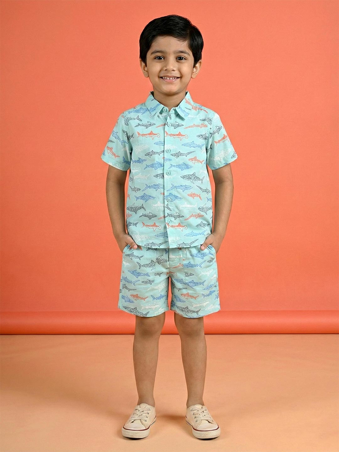 KiddoPanti Boys Tropical Printed Pure Cotton Shirt with Shorts