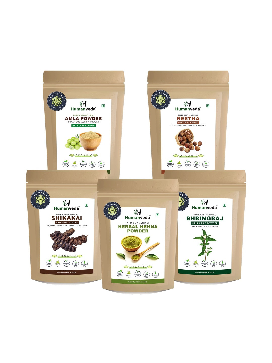 HUMANVEDA Set Of 5 Herbal Henna Reetha Amla Bhringraj & Shikakai Powder - 100 g Each