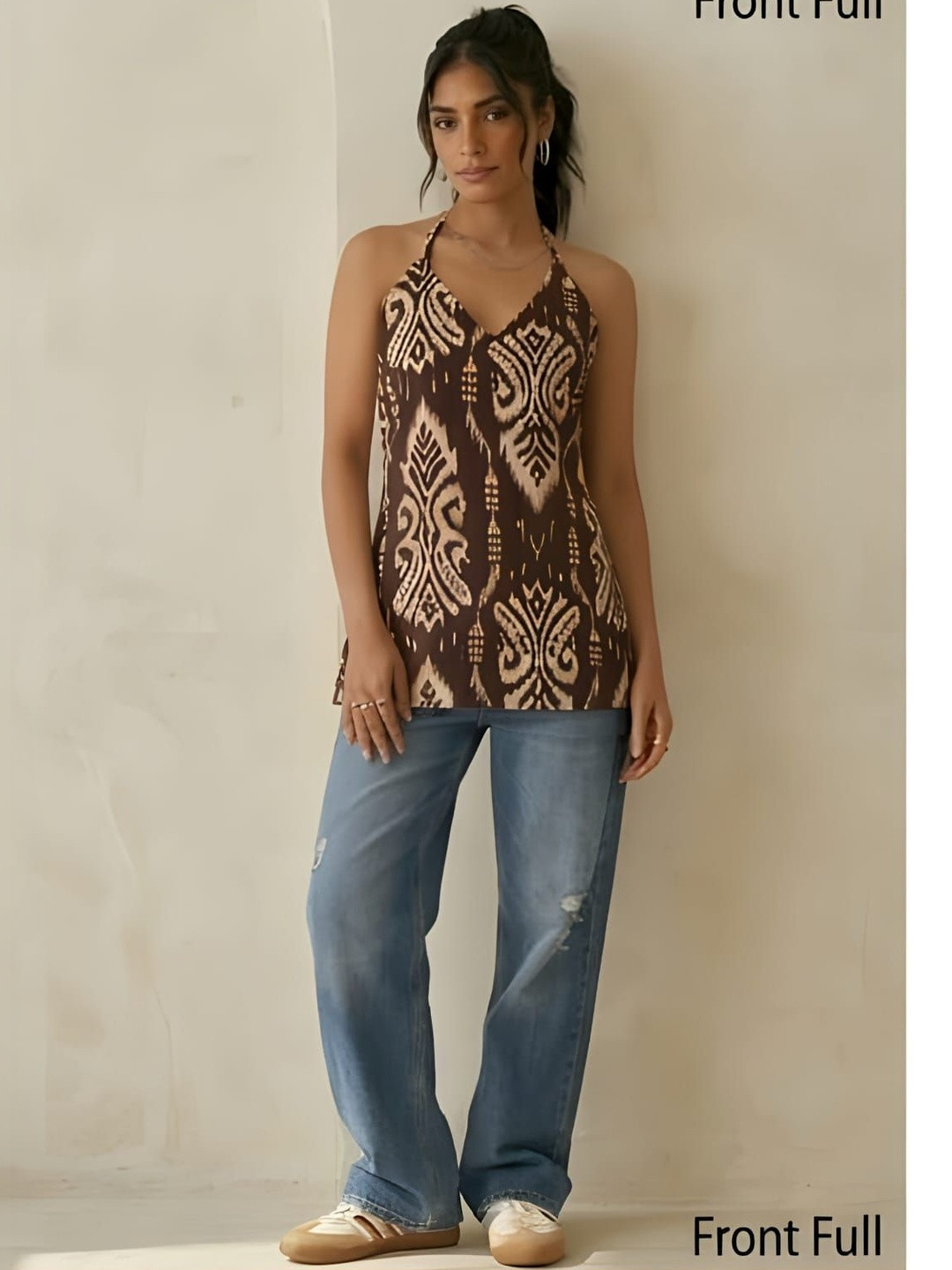 HERE&NOW Women Brown Ethnic Motif Printed Pure Cotton Halter Neck Straight Kurti