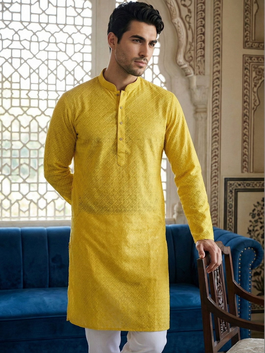 House of Pataudi Printed Mandarin Collar Knee Length Straight Cotton Kurtas