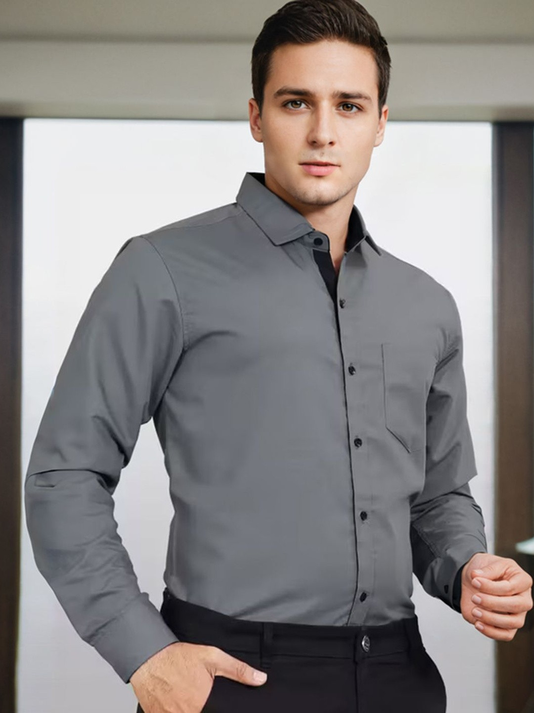 COLORWINGS Men Spread Collar Long Sleeves Semi Sheer Shirt