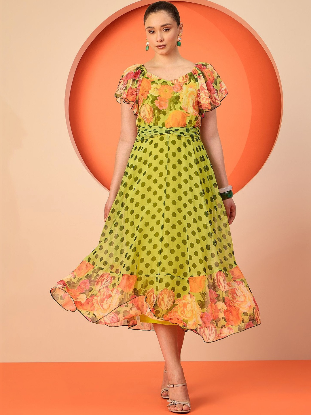 Antheaa Polka Dots Printed Sweetheart Neck Chiffon A-Line Midi Dress