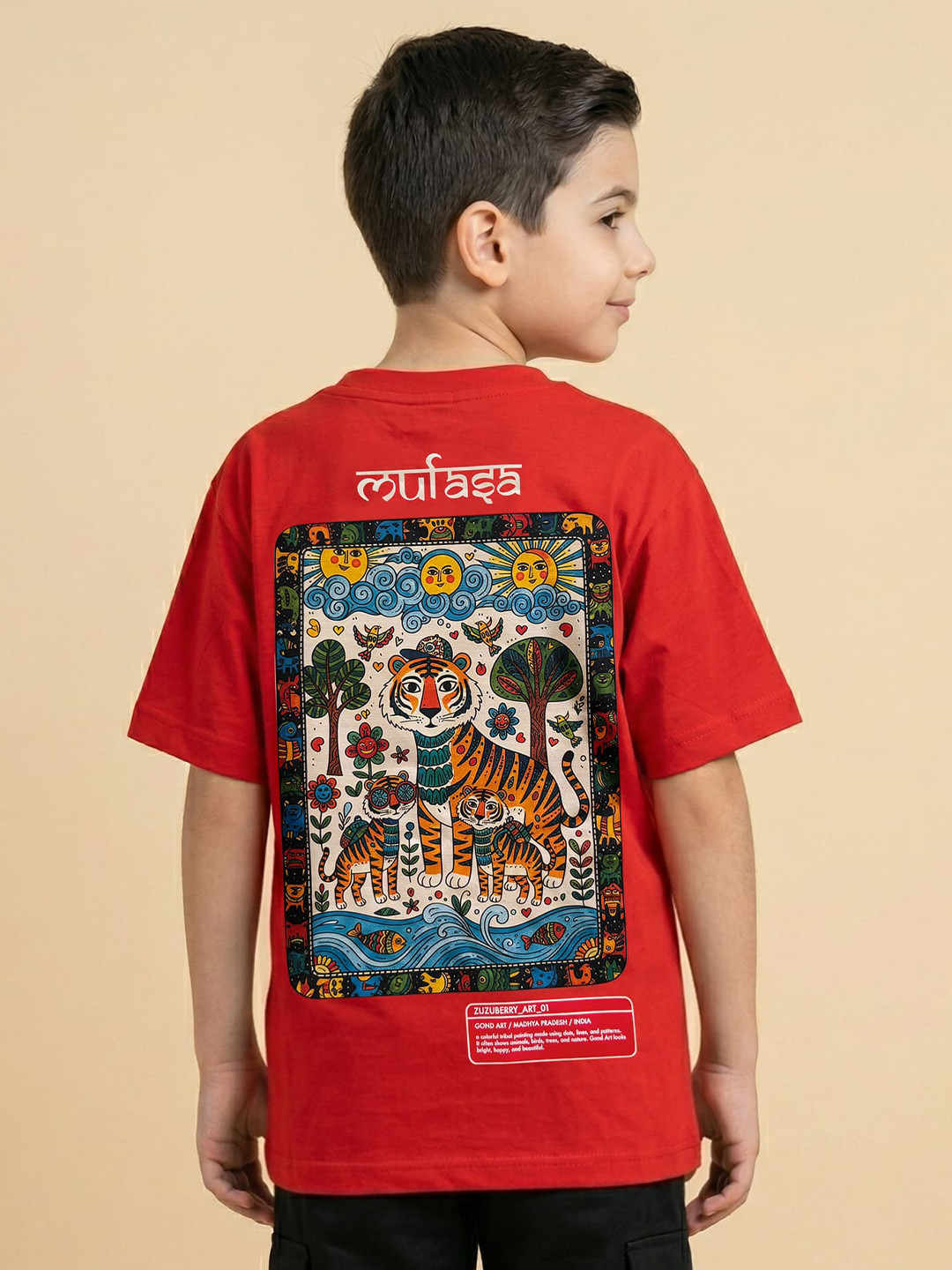 Zuzuberry Gond Tiger - Red Oversized Cotton Tshirts