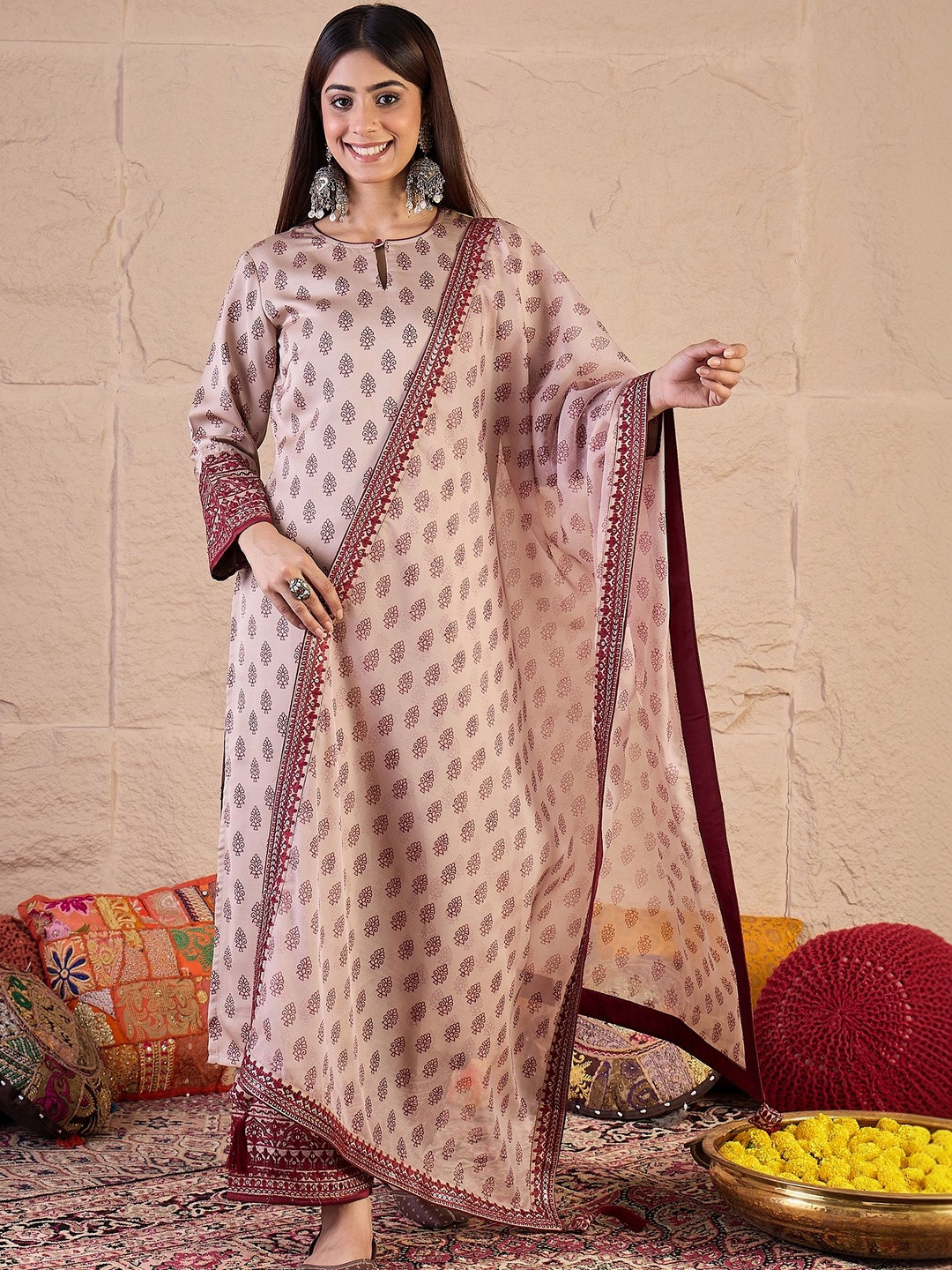 Inddus Women Ethnic Motifs Printed Regular Thread Work Kurta with Palazzos & With Dupatta