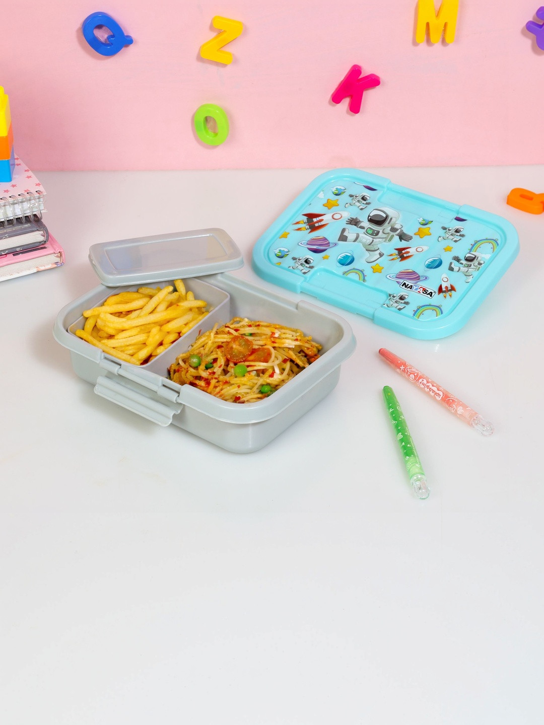 Nayasa Single Punch Blue & Grey Astronaut Plastic 2 Compartment Clip Lock Lunch Box