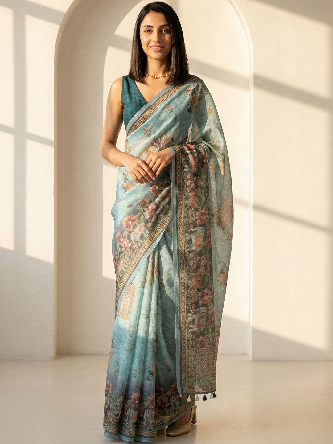 AANVI Ethnic Motifs Linen Blend Designer Block Print Saree