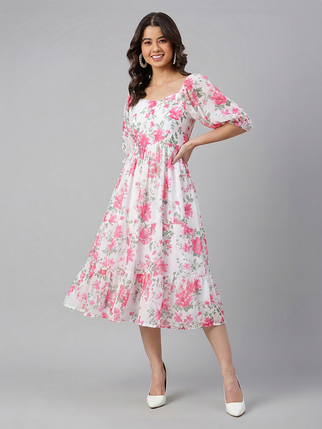 Janasya Women's Cream Georgette Floral Printed Tiered Dress