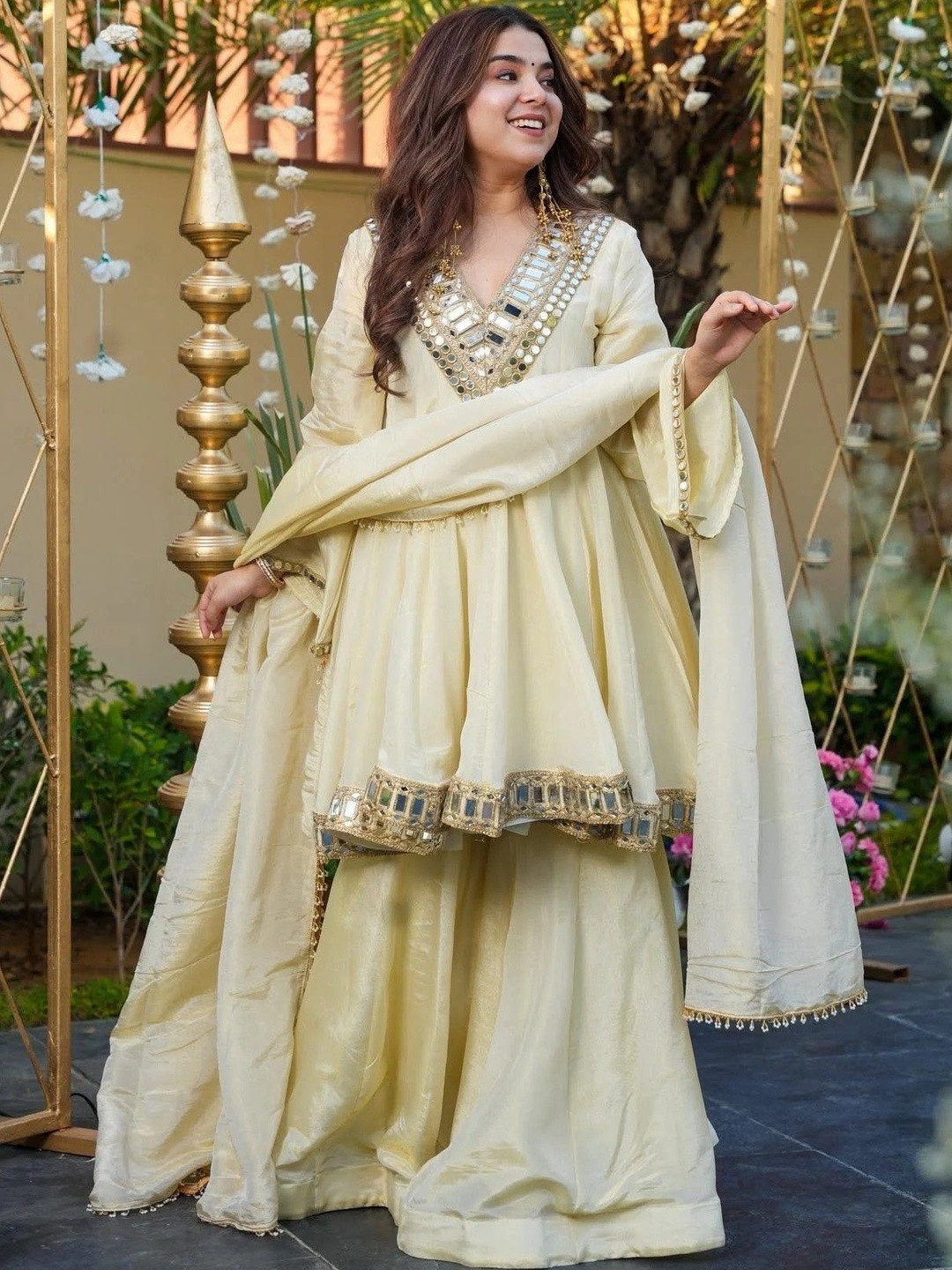 HERE&NOW Women Embroidered Regular Kurta with Sharara & With Dupatta