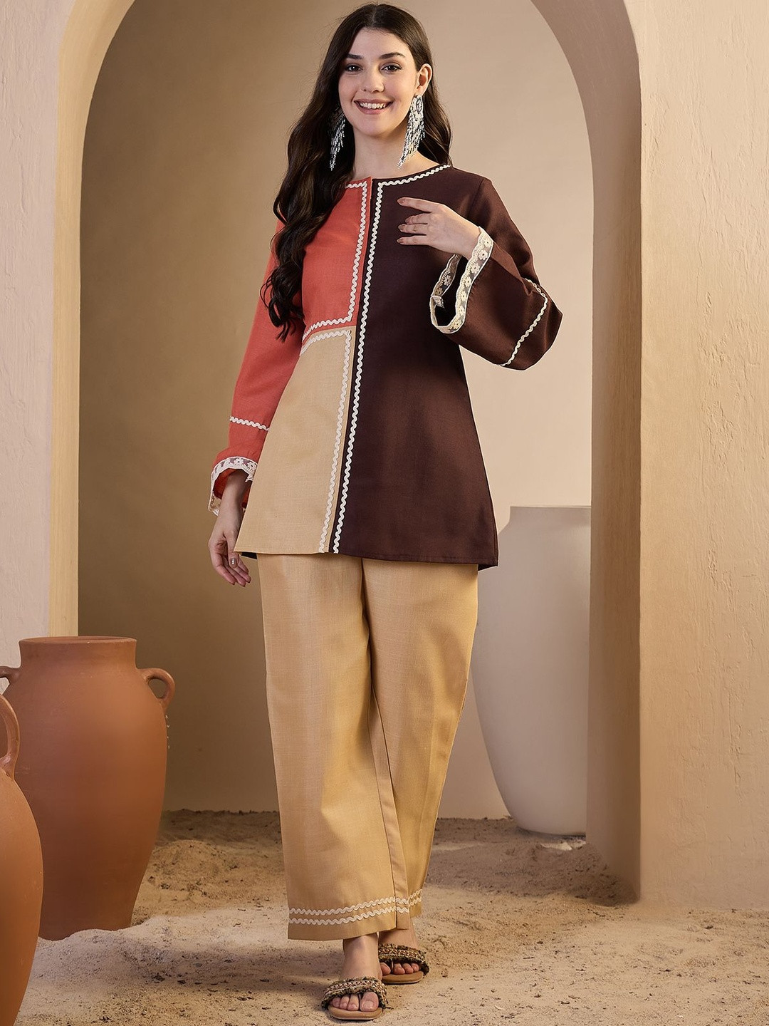 Inddus Women Colourblocked Gotta Detalied Top and Palazzo Co-Ords Set