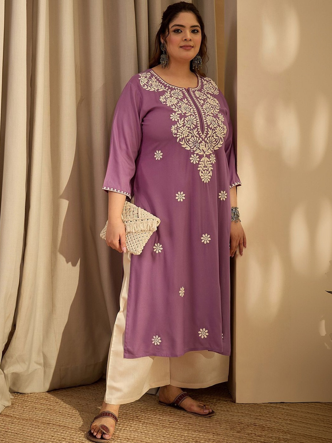 Indo Era Plus Size Lavender Embroidered Straight Kurtas