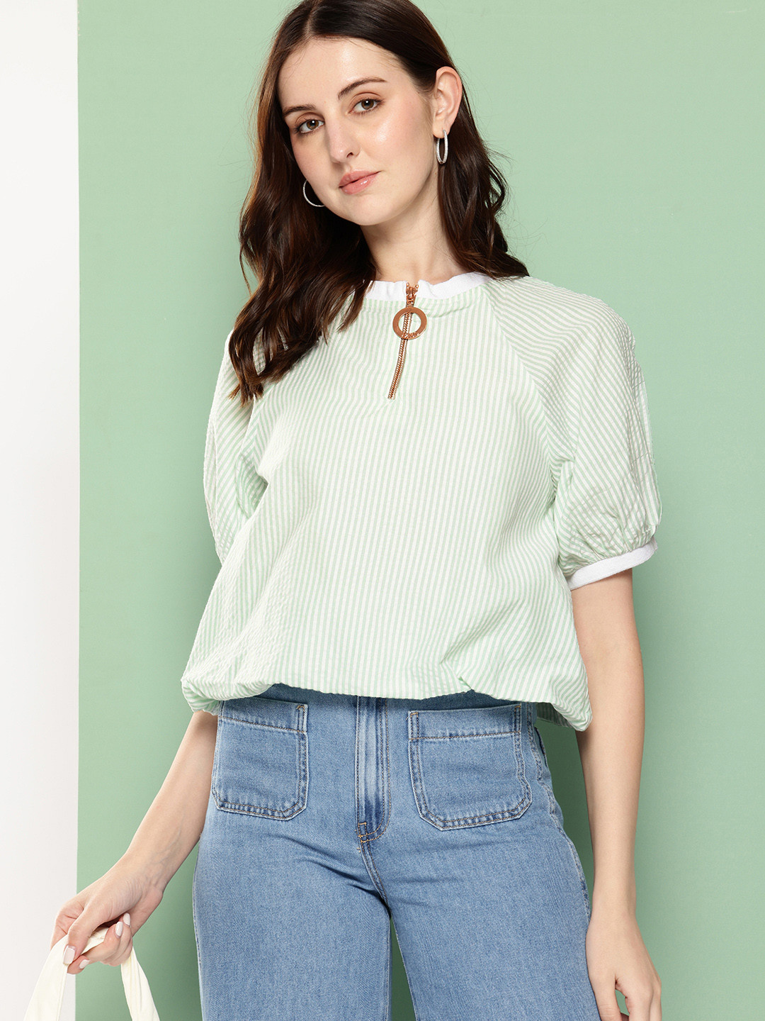 Killer Striped Puff Sleeve Cotton Crop Top