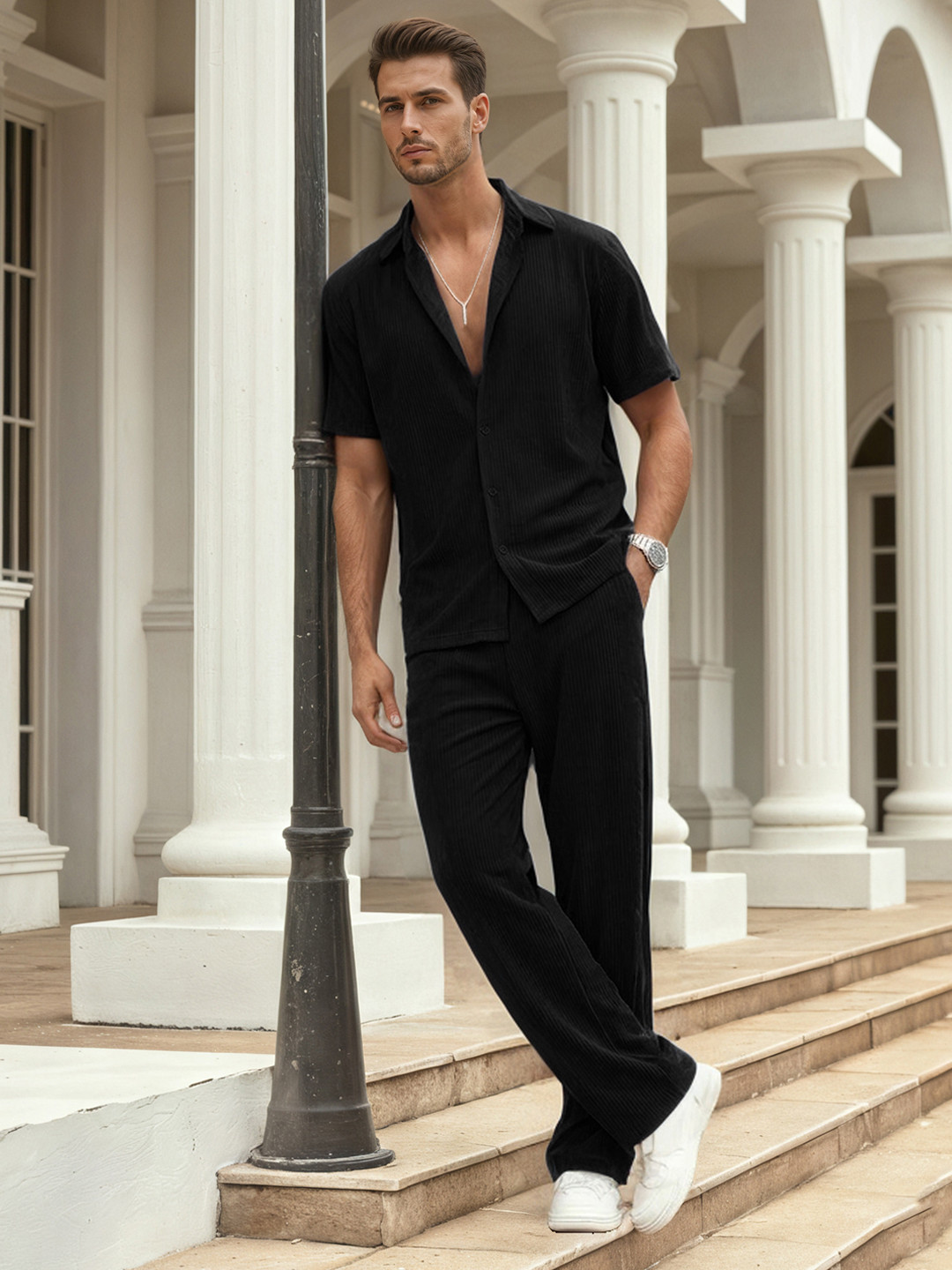 TYSORT Short Sleeves Striped Shirt with Trousers