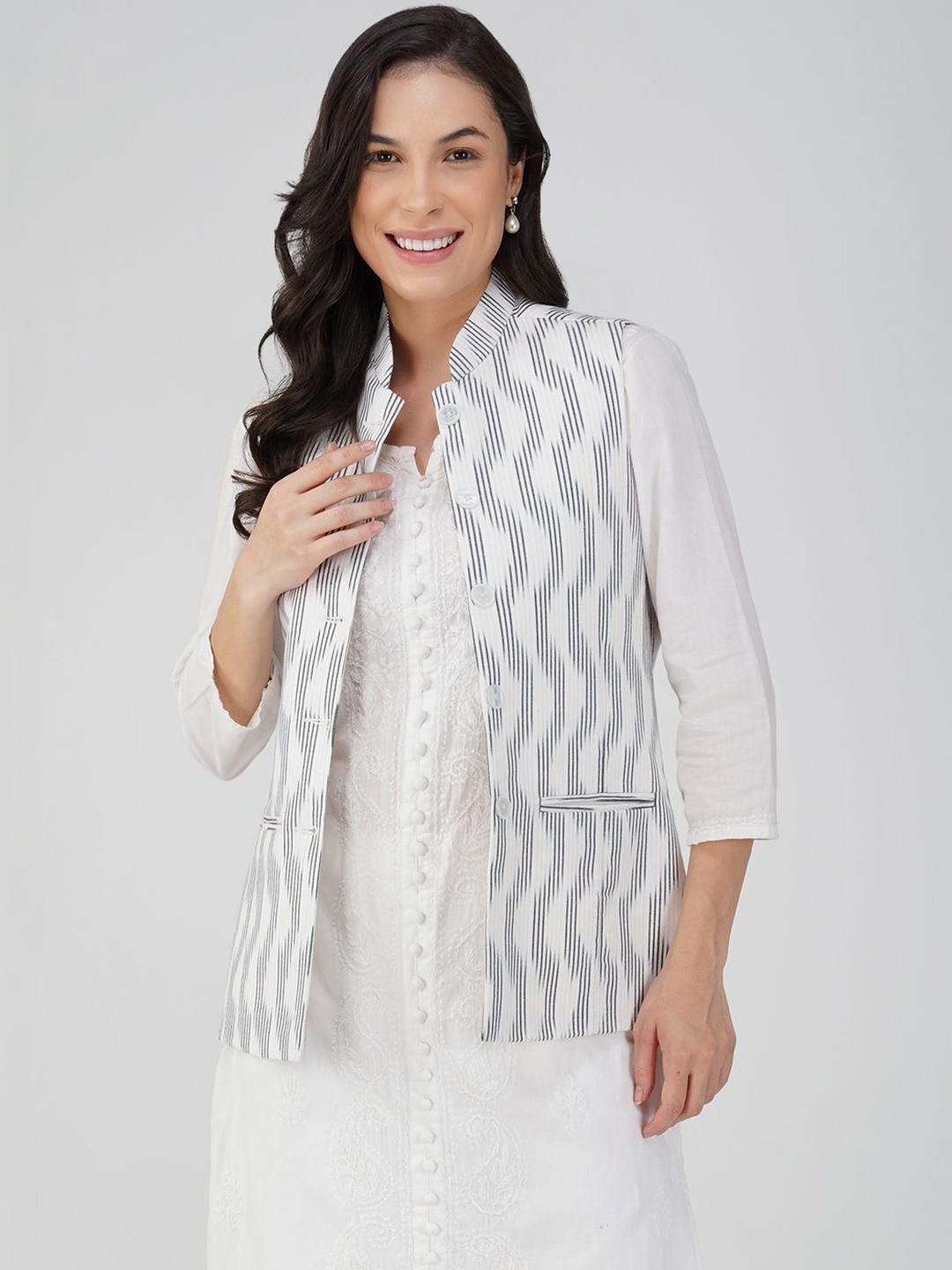 DEIFIC Printed Pure Cotton Mandarin Collared Nehru Jackets