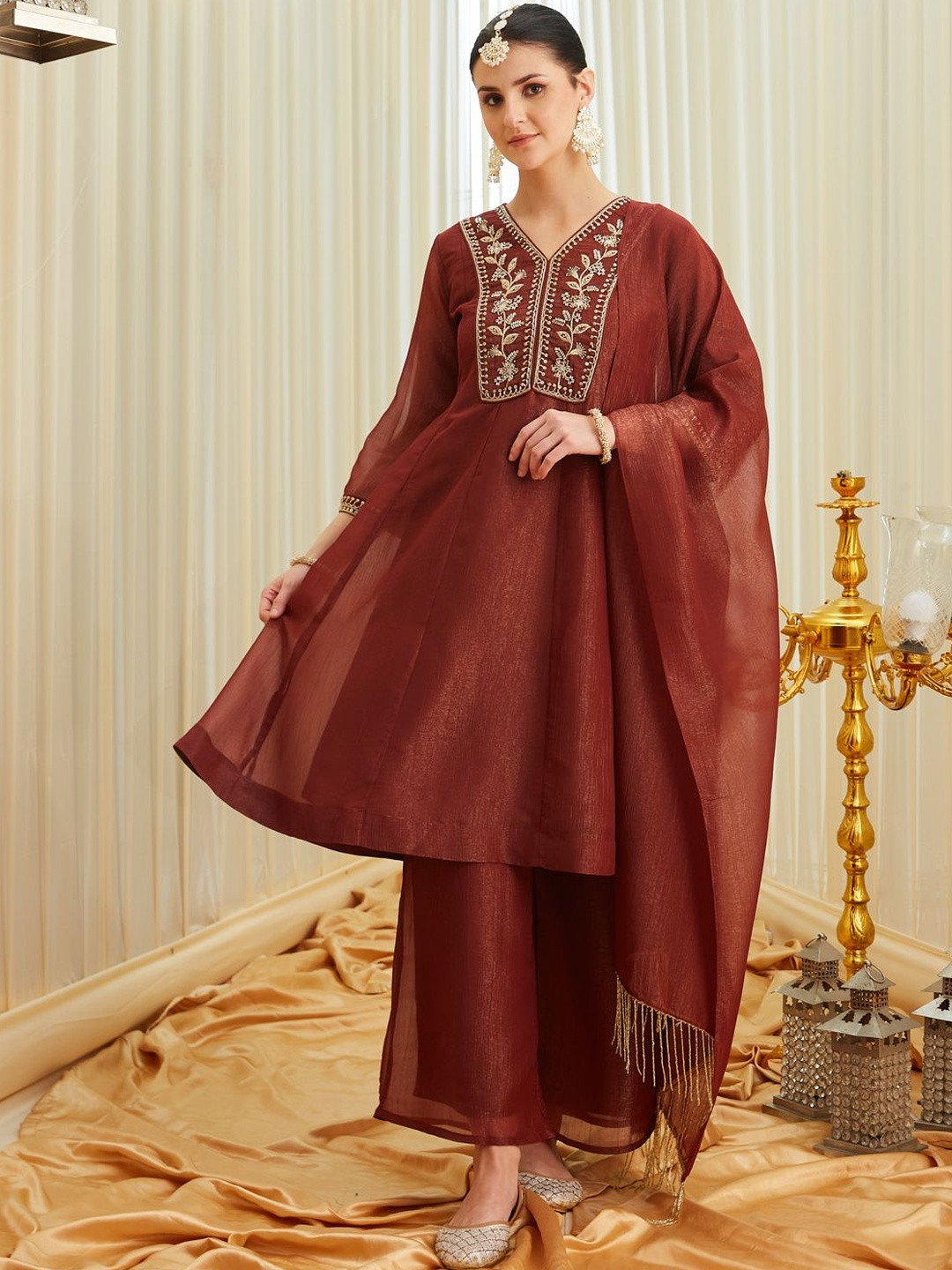 Colors of Earth Silk Embroidered Beadswork Anarkali Kurta And Palazzo With Dupatta Set