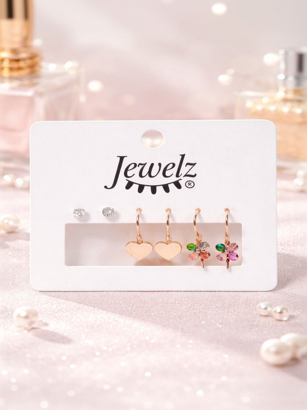 Jewelz Set Of 3 Gold Heart & Flower Earrings