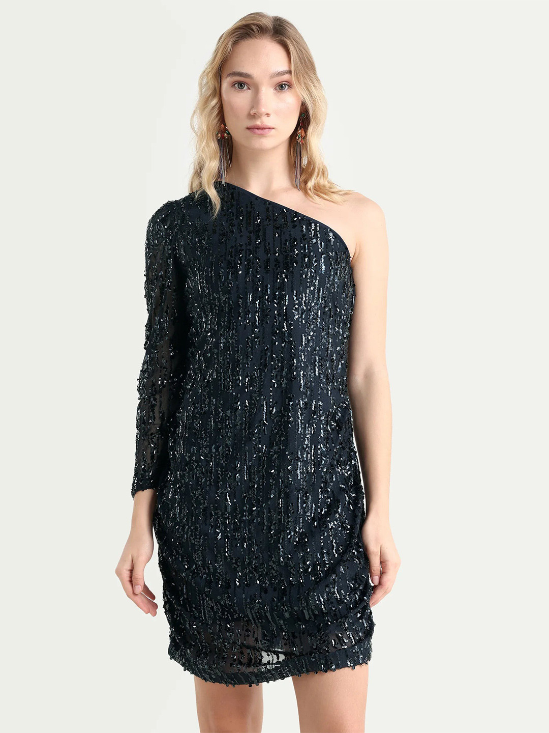 RAREISM Women Navy Bodycon Fit Knit One Shoulder Sleeve One Shoulder Dress