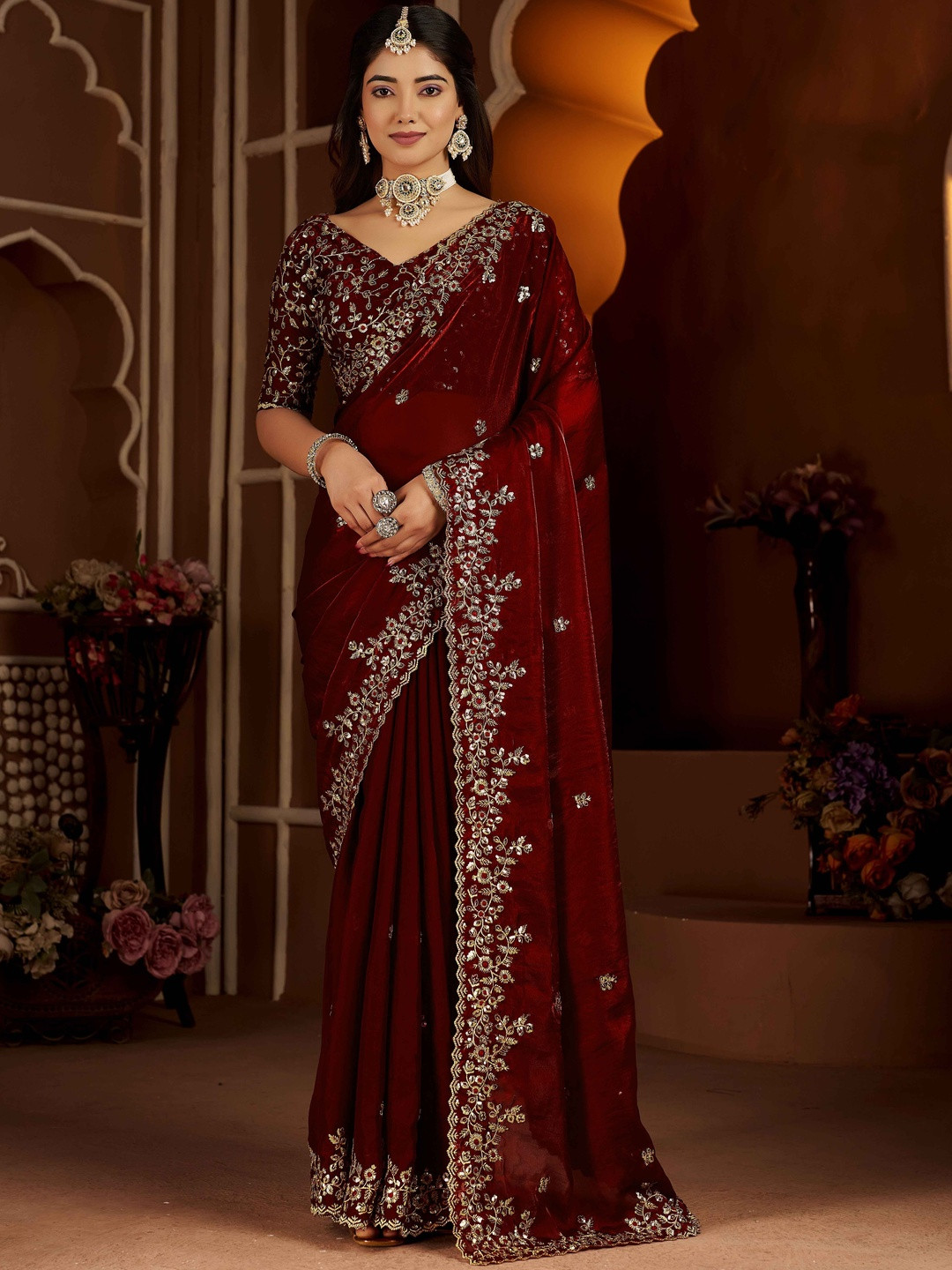 RAAG VARNAM Ethnic Motifs Sequinned Satin Saree
