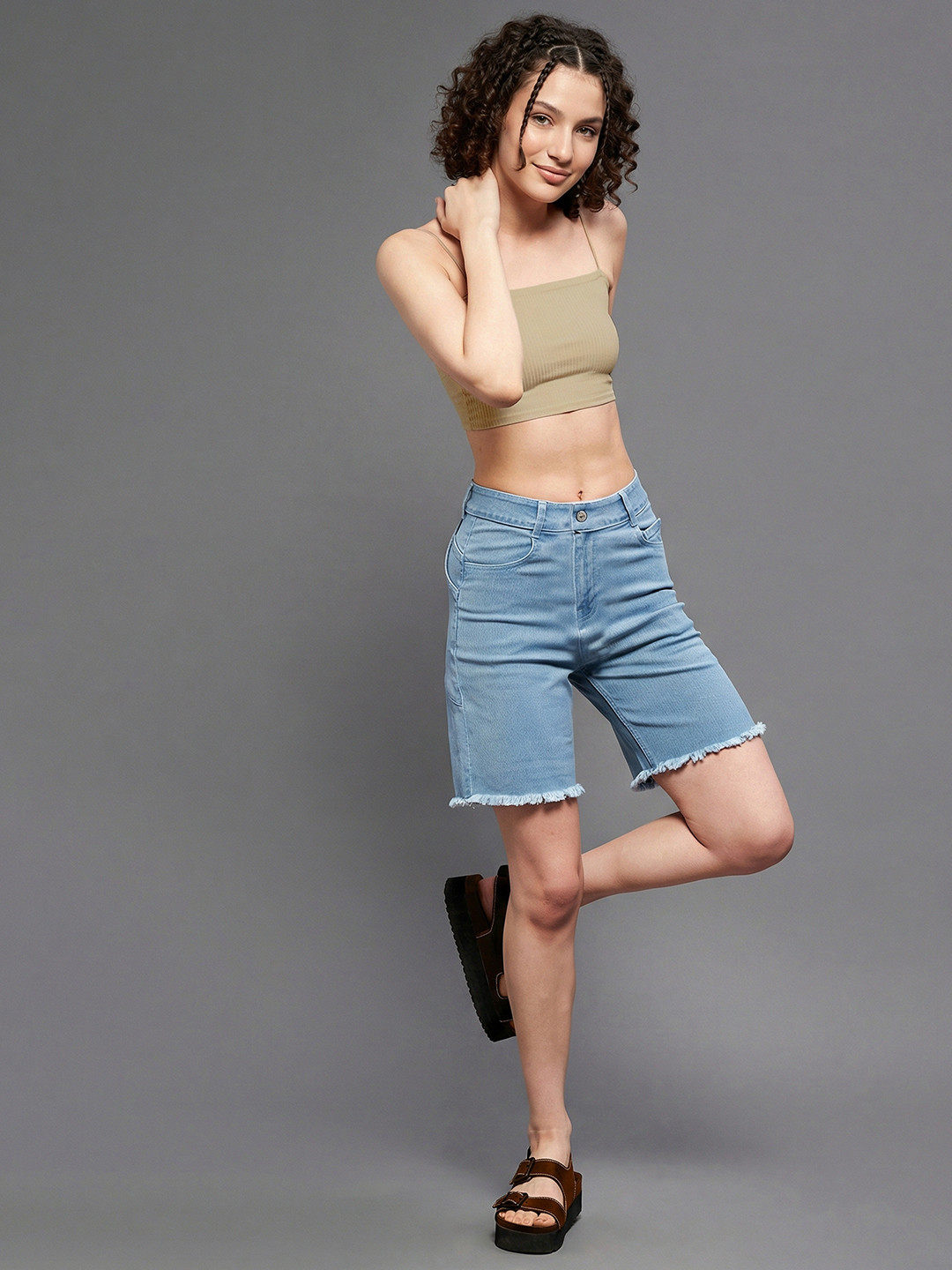 Miss Chase Women's Regular High Rise Clean Look Above Knee Stretchable Denim Shorts