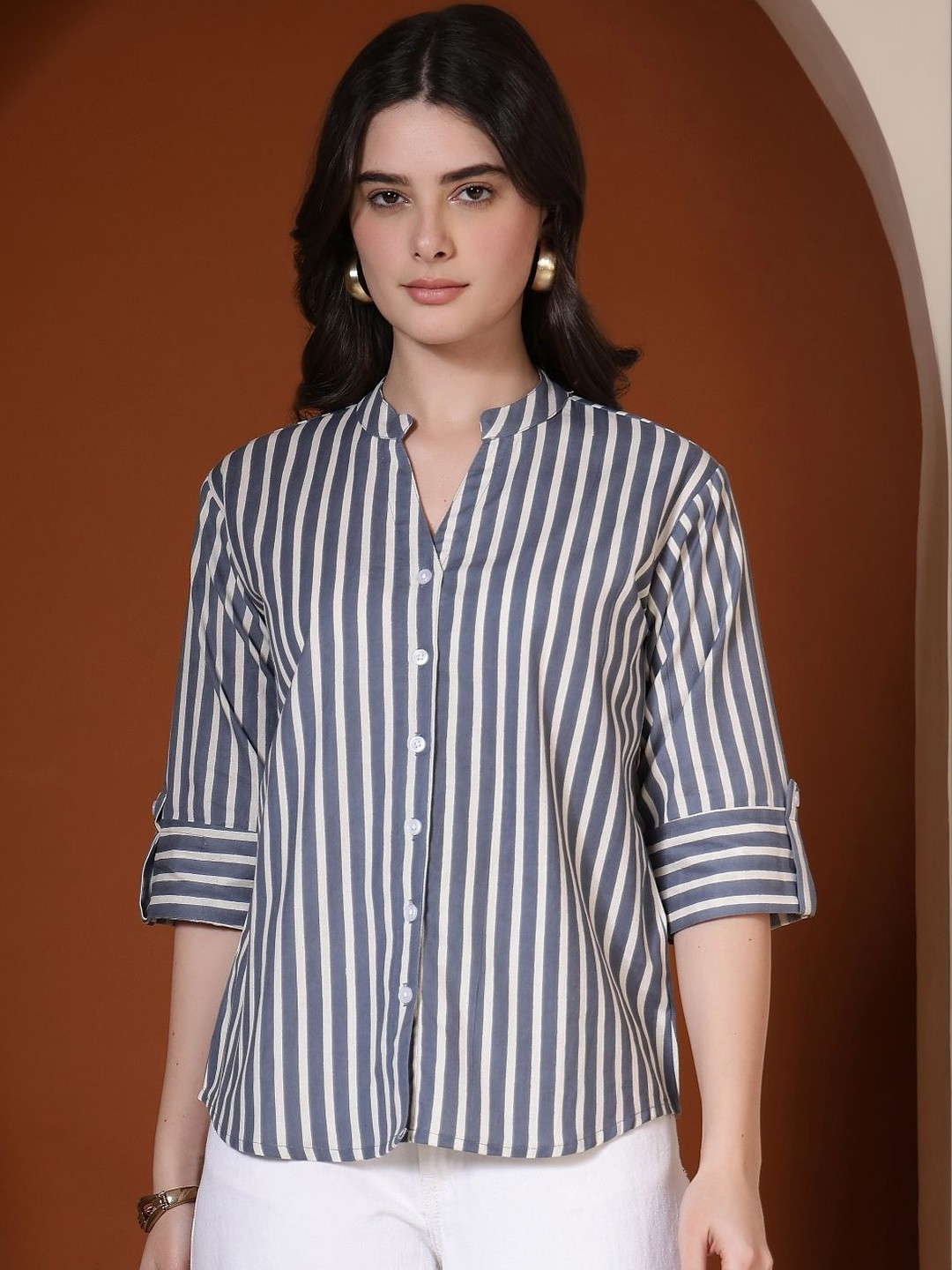GUDWEARS Women Classic Multi Stripes Striped Formal Shirt