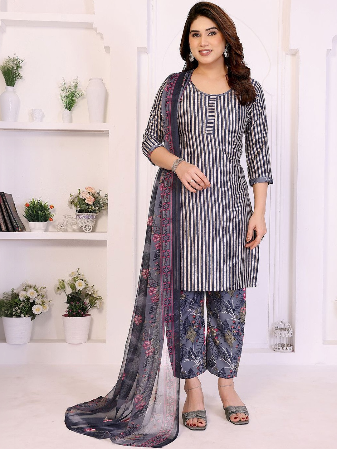 ANAND SAREES Striped Pure Cotton Unstitched Dress Material