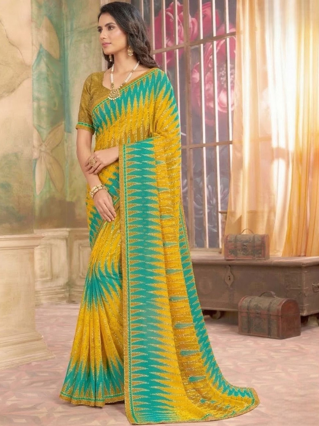Vishal Prints Dark Yellow Printed Georgette Fancy Border Sarees