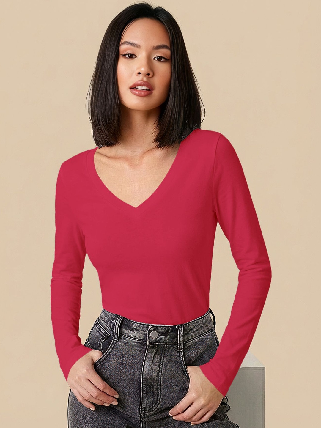 MULVARI V-neck Full Sleeves Fitted Top