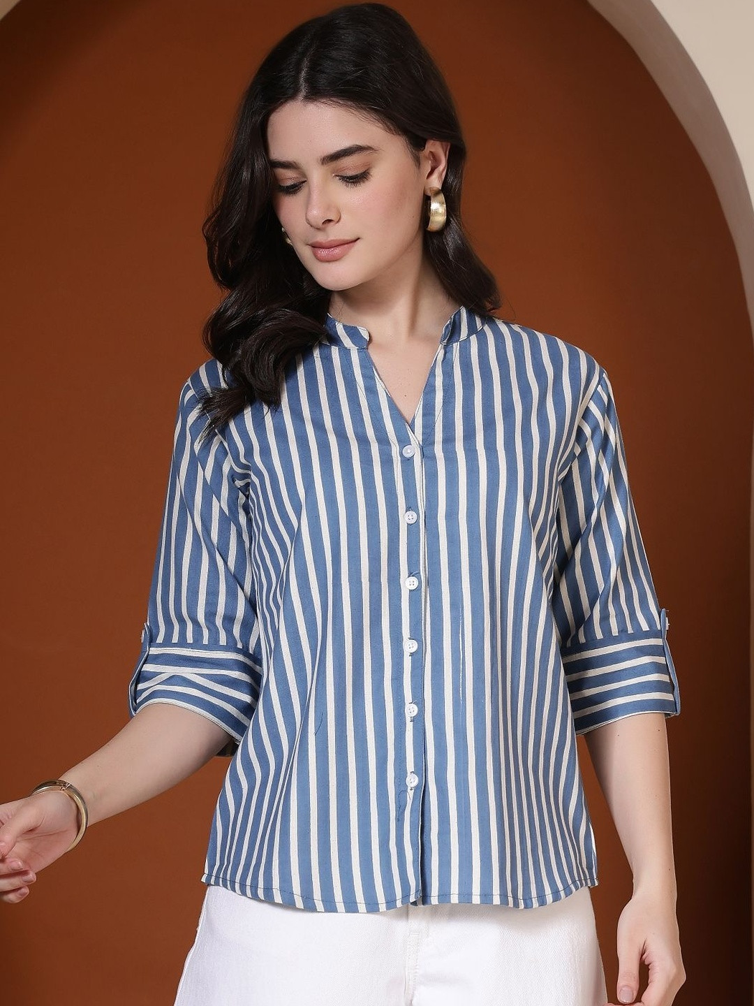 GUDWEARS Women Classic Multi Stripes Striped Formal Shirt