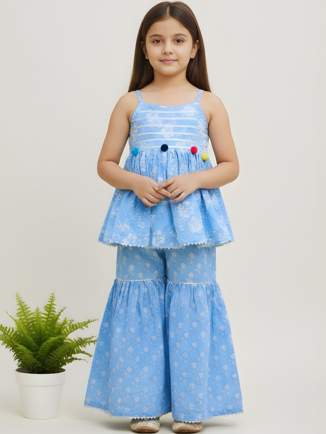 Bholukart Girls Floral Printed Regular Raw Silk Kurta with Sharara