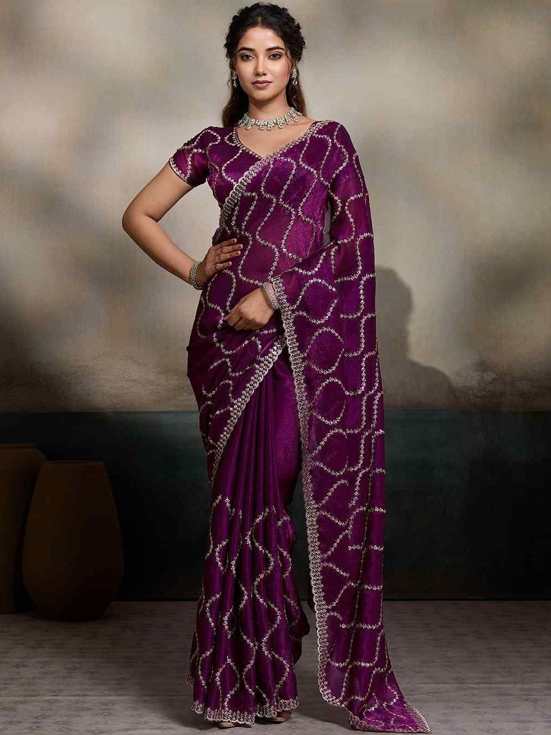 HERE&NOW Embellished Embroidered Organza Saree