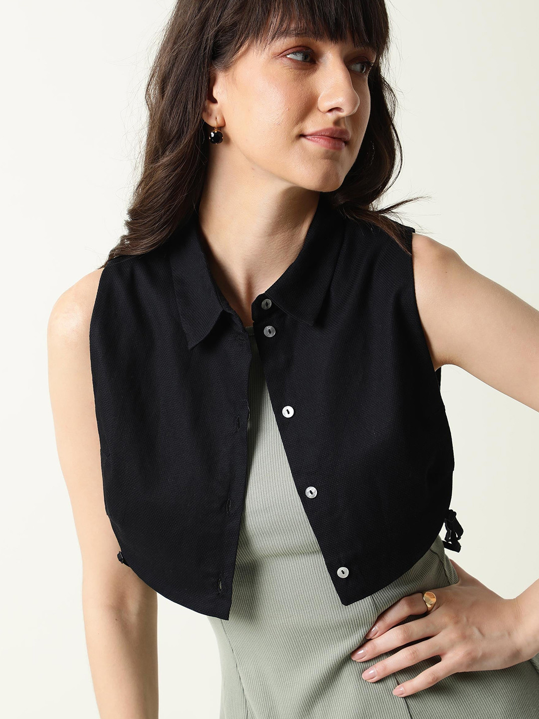RAREISM Women Black Collared Overlayer