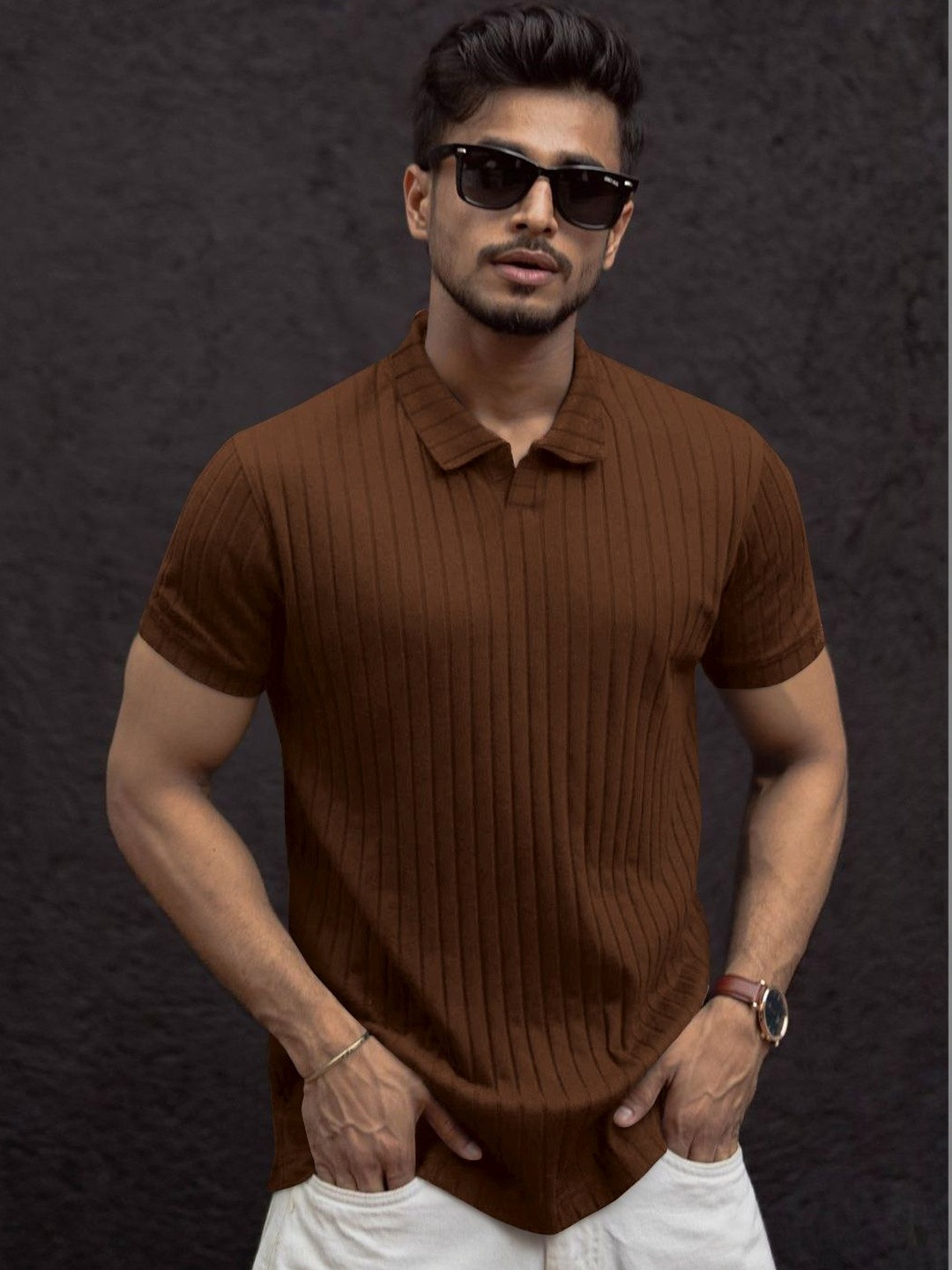 MODALEN Men Textured Polo V-neck Collar Tshirts