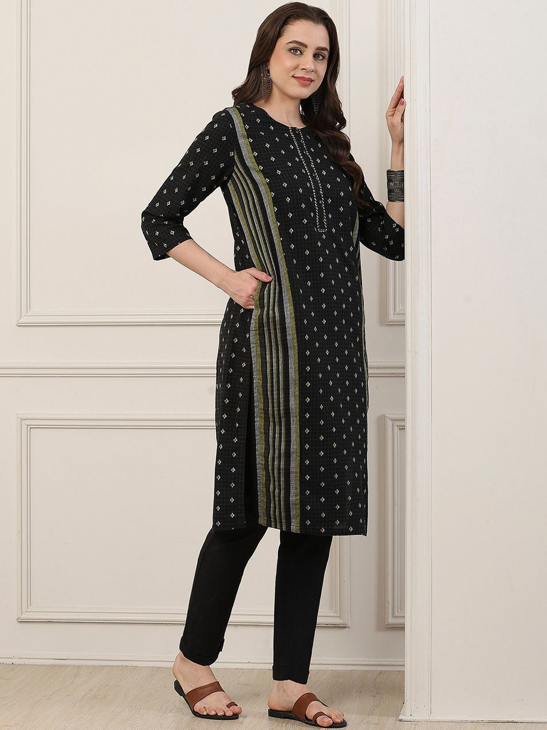 Biba Women Geometric Printed Round Neck A-Line Cotton Kurta
