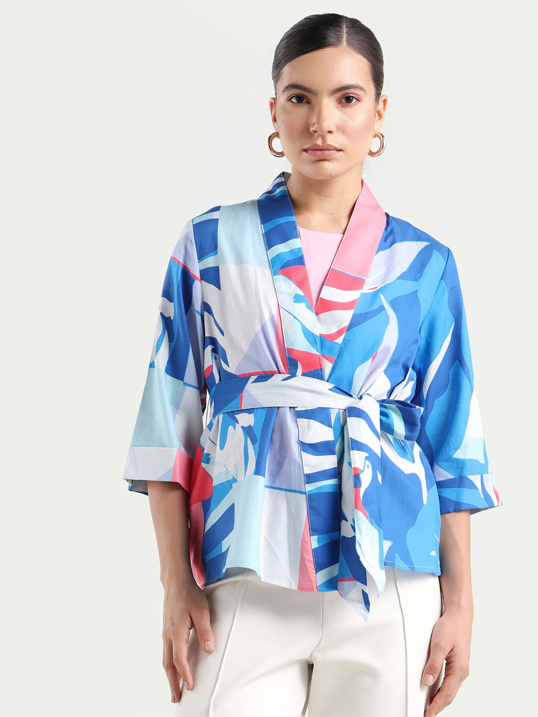 RAREISM Zamo Abstract Printed V-Neck Waist Tie-Ups Wrap Top