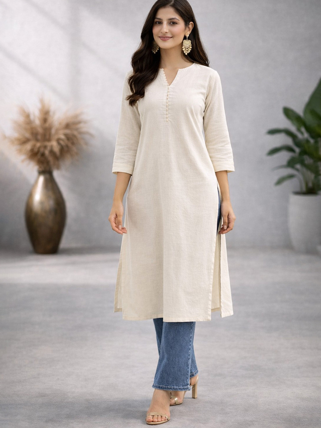 Lookmark Women White Solid Notch Neck Three-Quarter Sleeves Straight Kurti