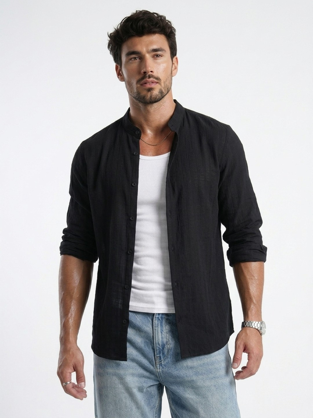 glitchez Self Striped Band Collar Pure Cotton Casual Shirt