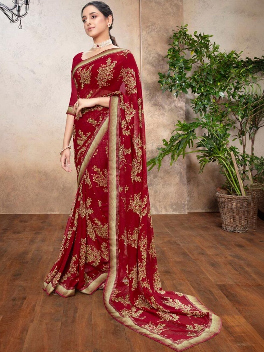 Vishal Prints Cherry Red Printed Georgette Border Sarees