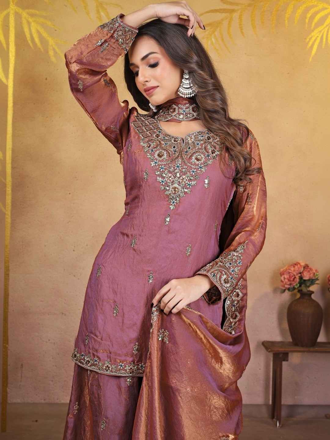 KUKUME Women Embroidered Kurta with Palazzos & With Dupatta