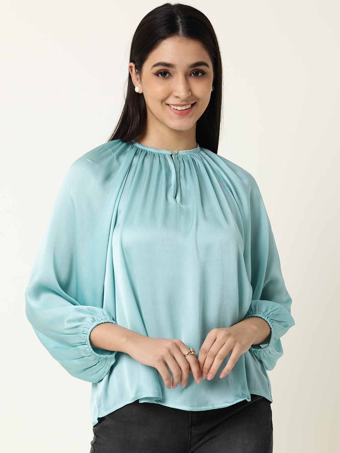 RAREISM Women Blue Keyhole Neck Extended Sleeves Top