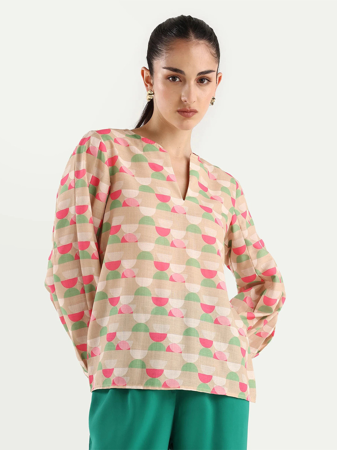 RAREISM Geometric Print Long Sleeves Round Neck Top