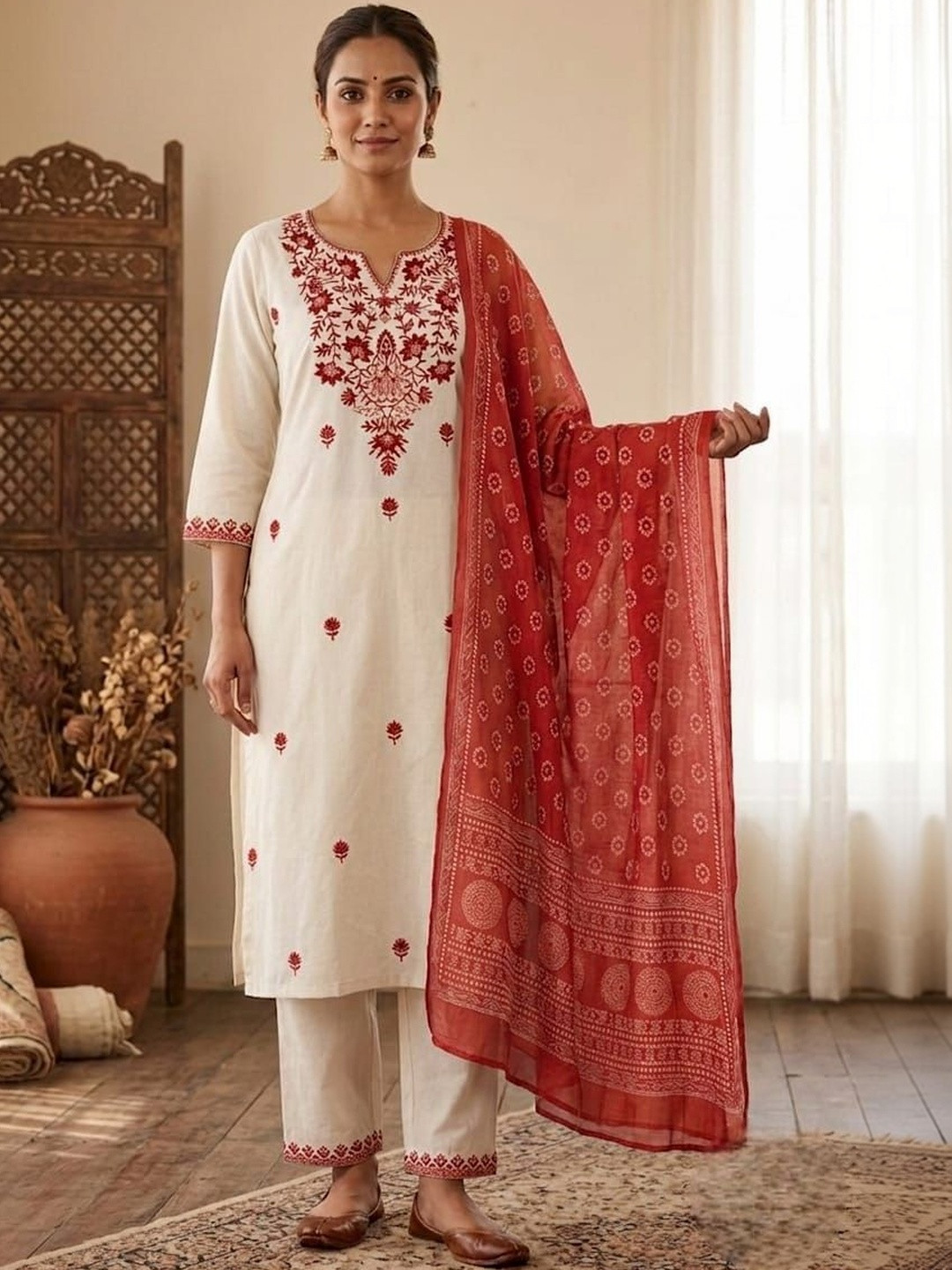 TIBAKKDI Women Embroidered Regular Sequinned Pure Cotton Kurti with Trousers & With Dupatta