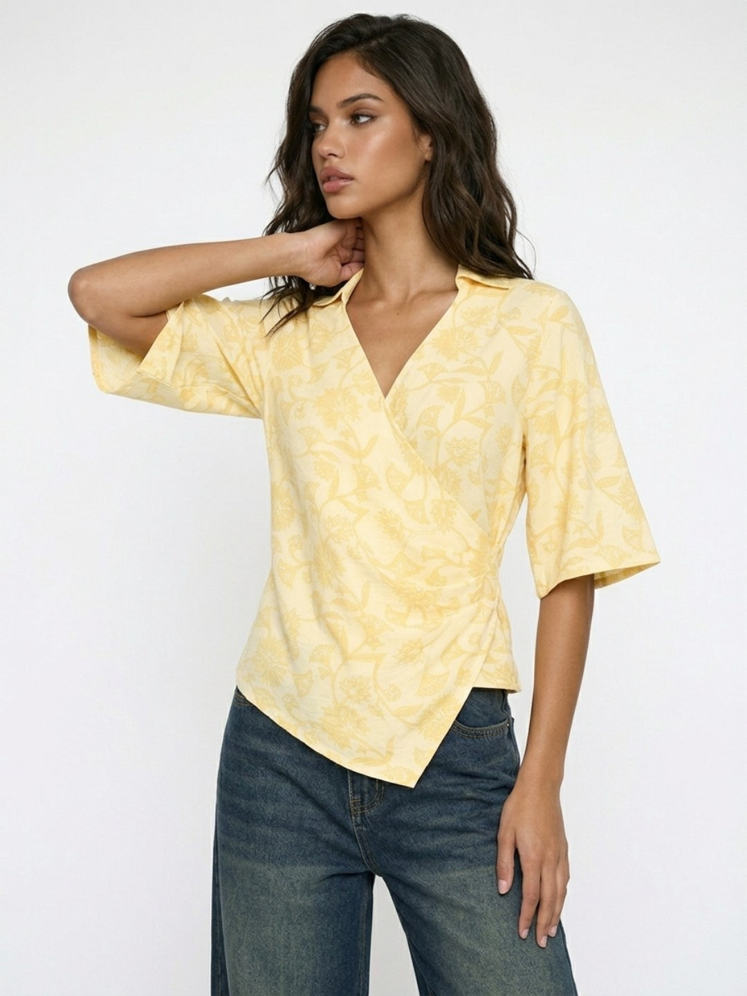 glitchez Floral Printed V-Neck Gathers Top