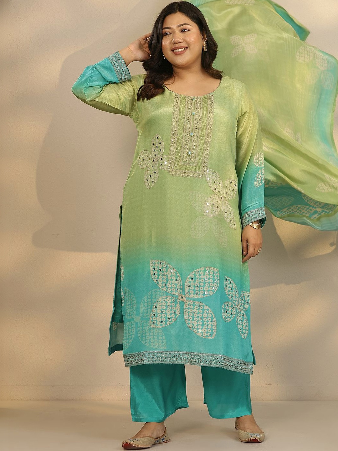 EXTRA LOVE BY LIBAS Plus Size Women Floral Printed Mirror Work Kurta Suit Set