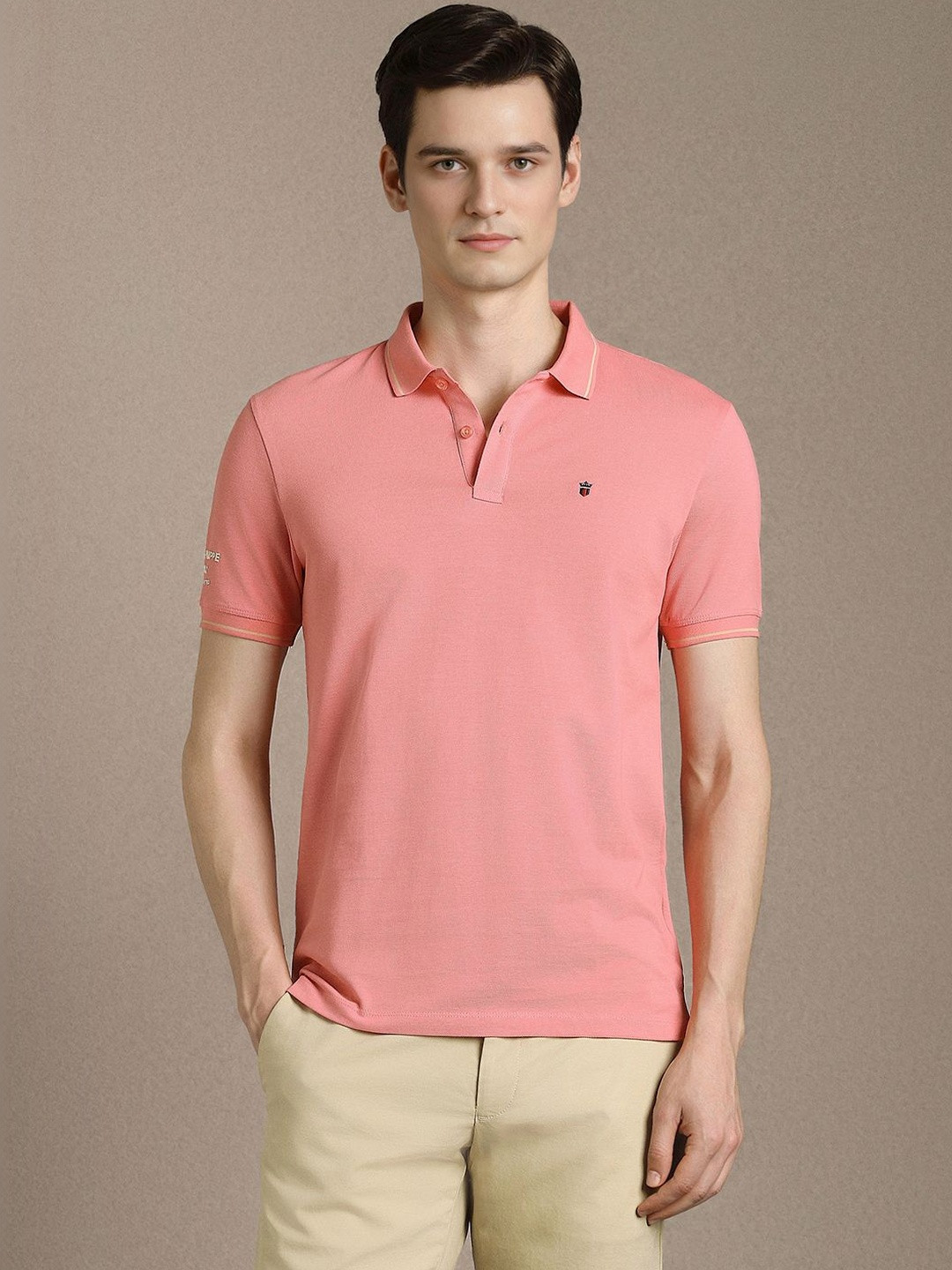 Louis Philippe Jeans Men Pink Textured Polo Neck Tshirts