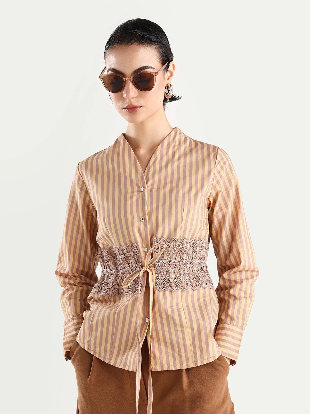RAREISM Striped Dooze Regular Fit Waist Tie-Up Cuffed Sleeves Shirt Style Top