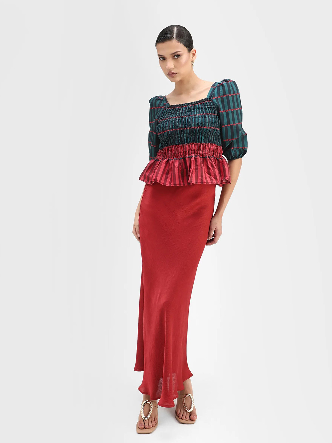 RAREISM Colourblocked Square Neck Puff Sleeves Peplum Top