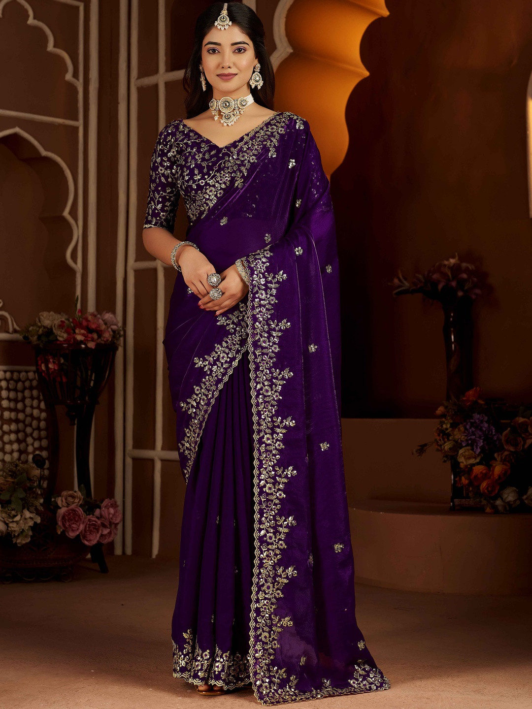 RAAG VARNAM Ethnic Motifs Sequinned Satin Saree