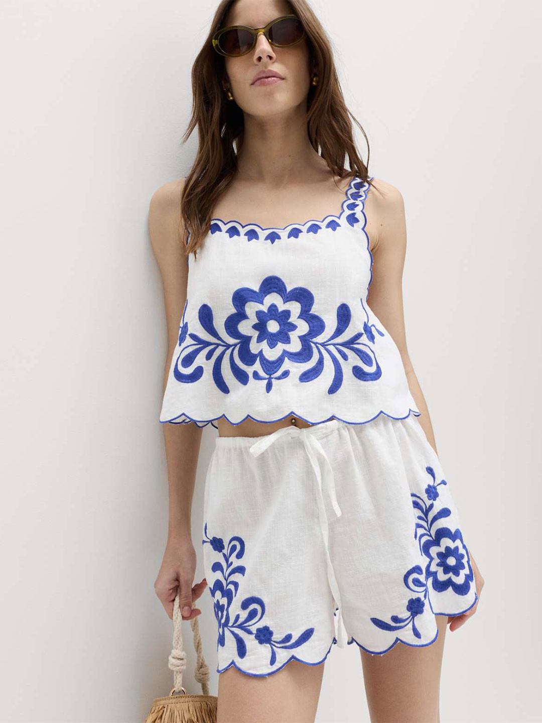 Floral Embroidered Cotton Blend Crop Top