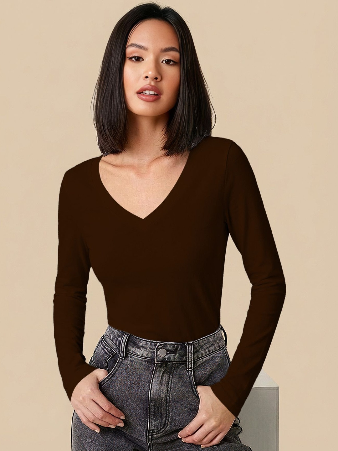MULVARI Brown V-Neck Long Sleeve Top