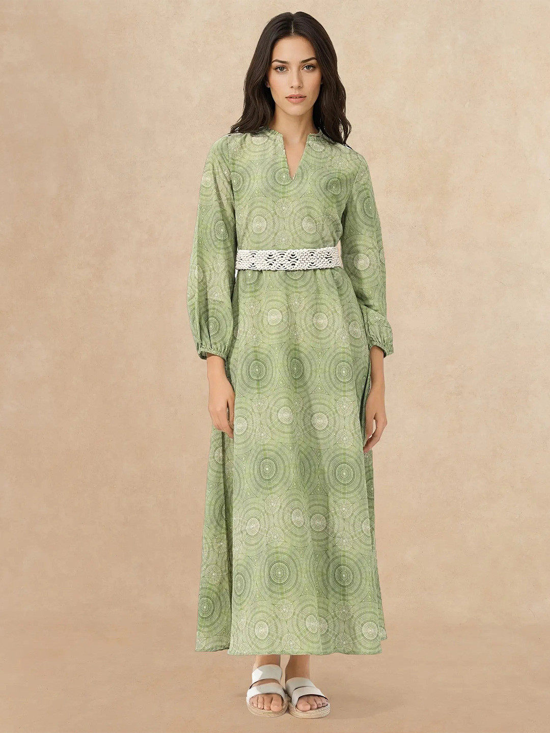 RAREISM Women Green Flared Fit Bishop Sleeve Ruffled Neck Dress